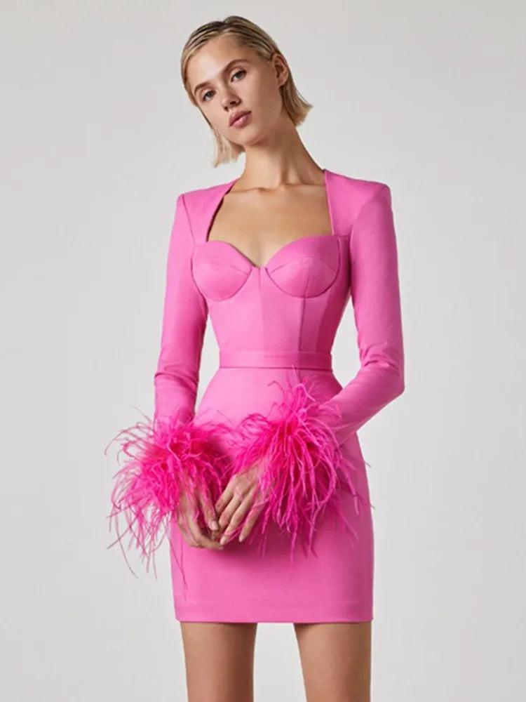 Long Sleeve Feather Pink Black Mini Bandage Dress