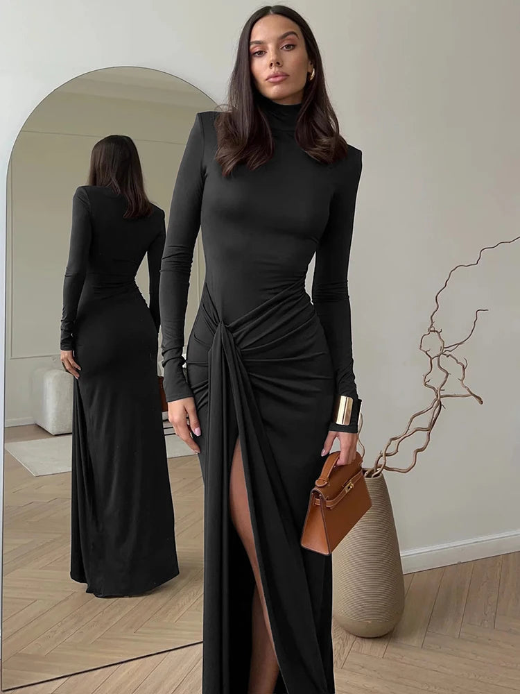 Turtleneck Thigh Split Maxi Long Dress