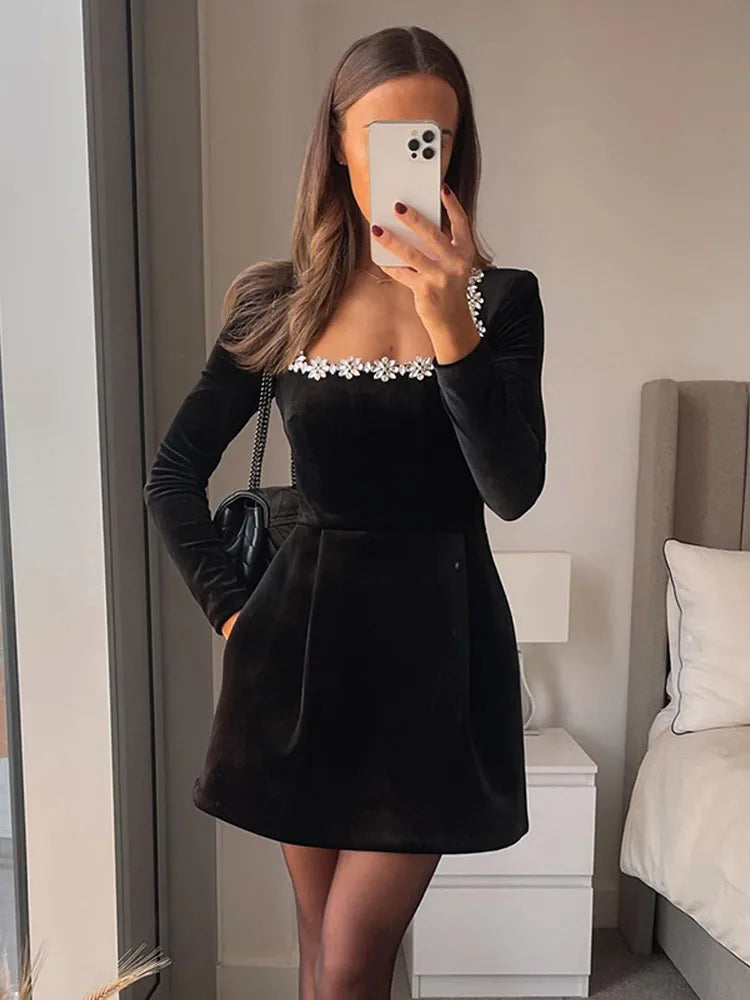 Velvet Mini Dress Elegant Square Neck