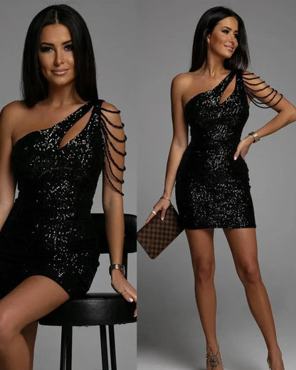 One Shoulder Sequin Party Mini Dress