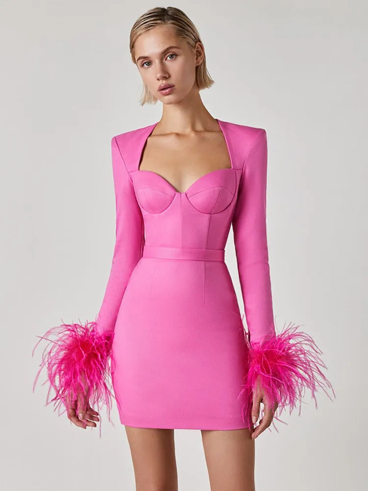 Long Sleeve Feather Pink Black Mini Bandage Dress