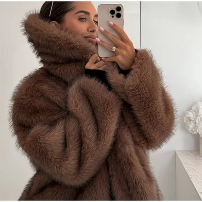 Brown Lapel Women Short Faux Fur Jacket