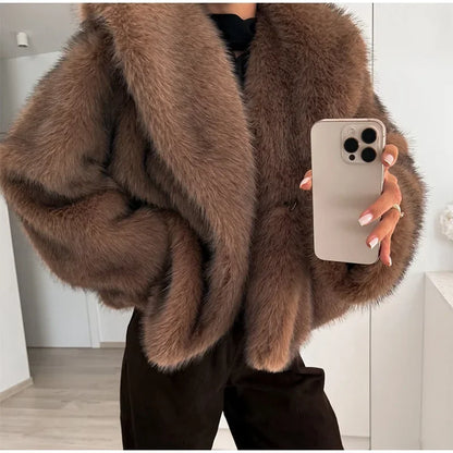 Brown Lapel Women Short Faux Fur Jacket