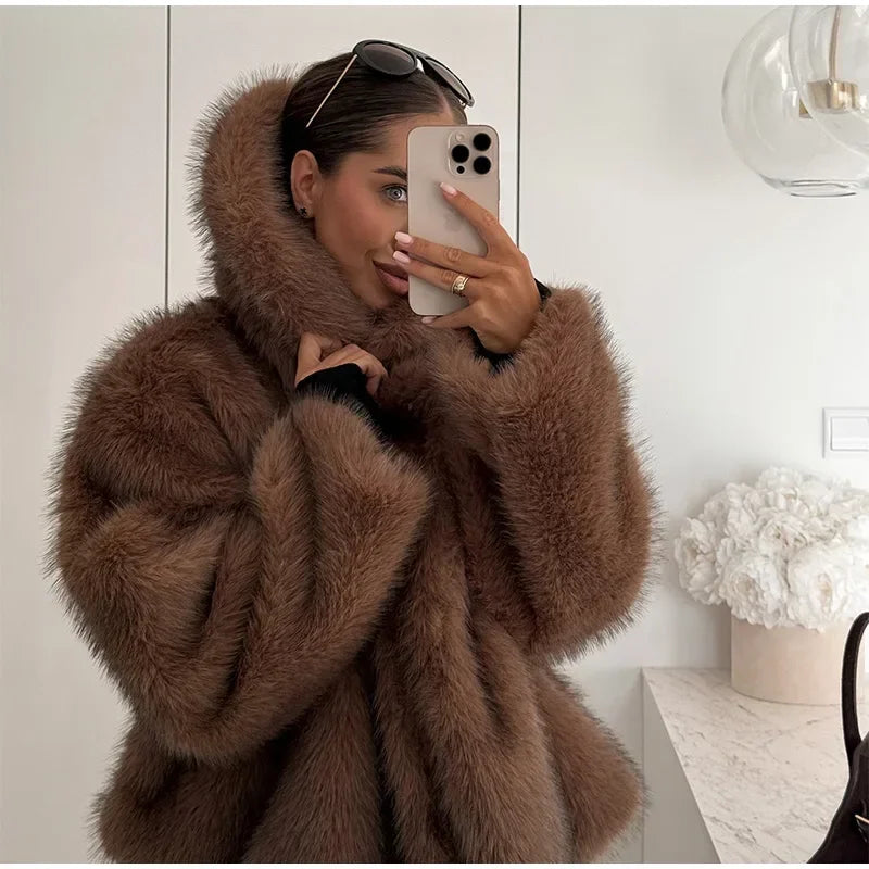 Brown Lapel Women Short Faux Fur Jacket