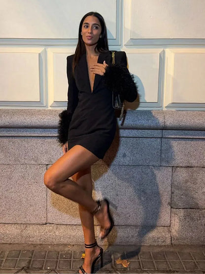 Black Deep V-neck Fringed Blazer Dress