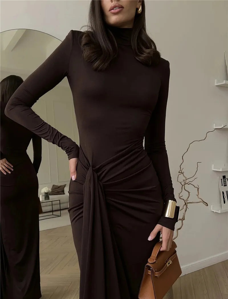 Turtleneck Thigh Split Maxi Long Dress